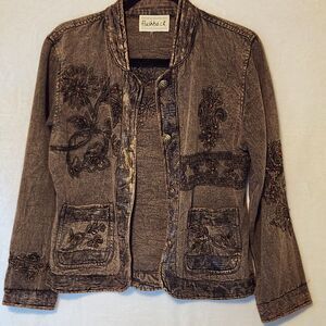 Vtg Flashback Women's XS/S Brown Gray Denim Jacket Embroidered Beaded Cropped